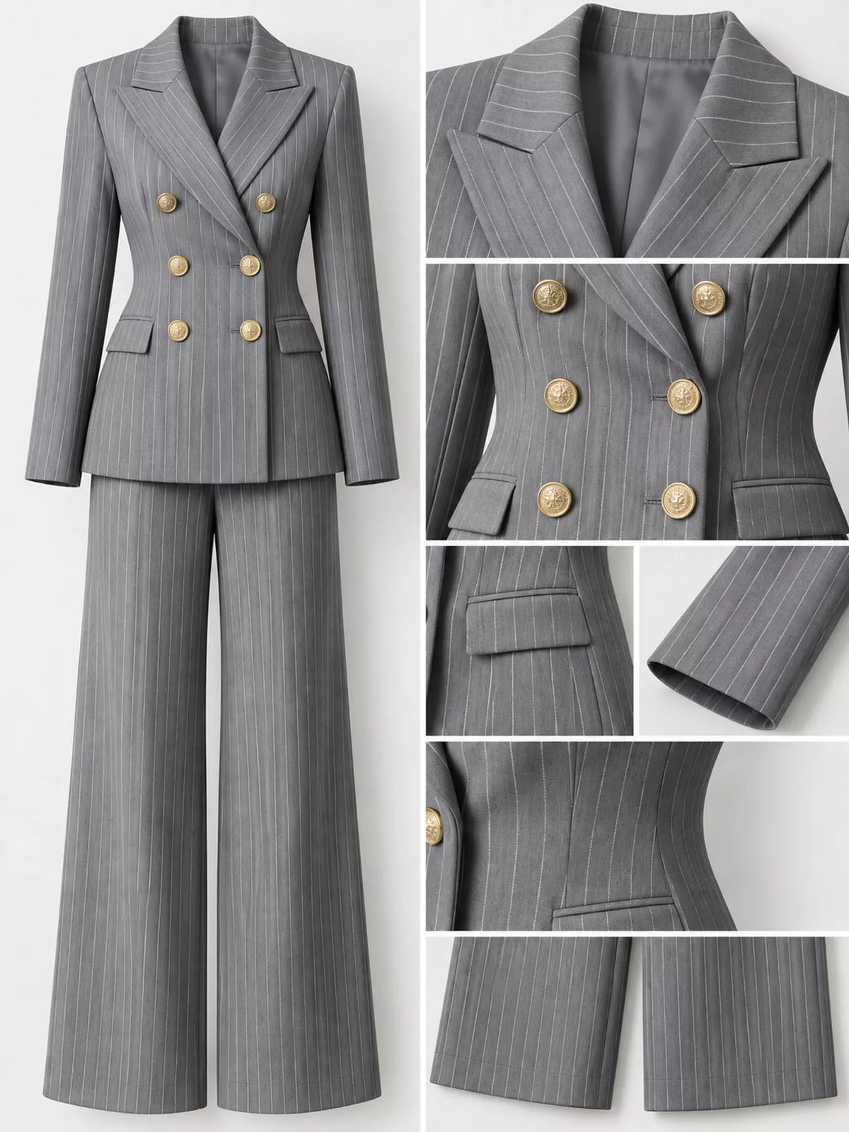 Pinstripe pantsuit, gray suit detail collage