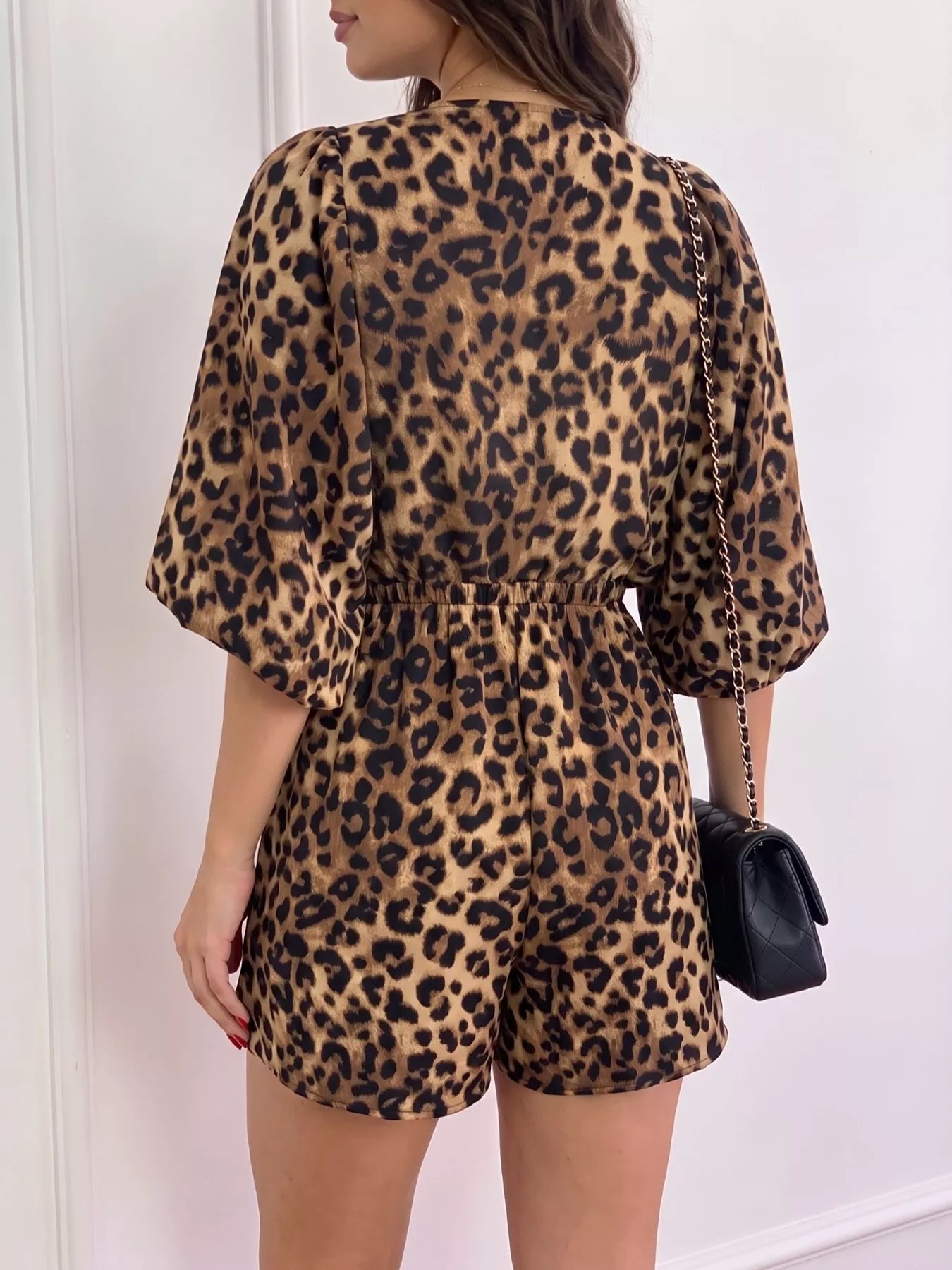 Trendsi V-Neck Leopard Print Puff Sleeve Romper -