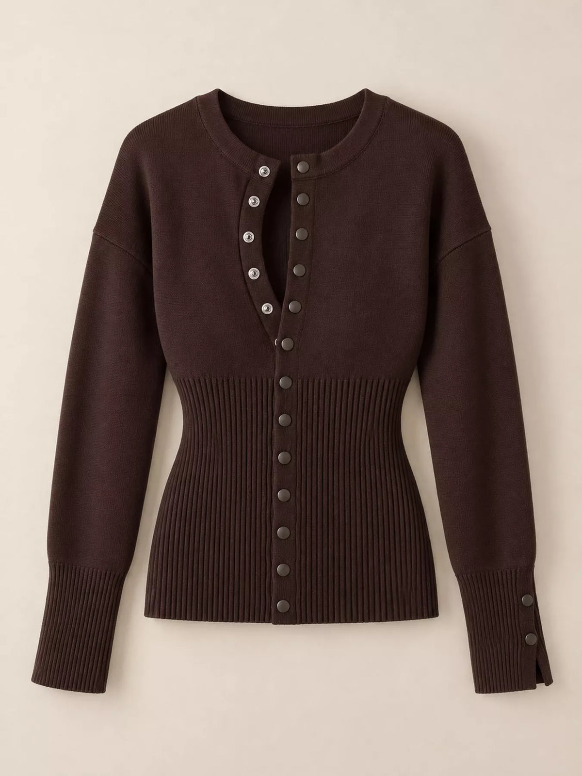Coffee button up ribbed waist cardigan