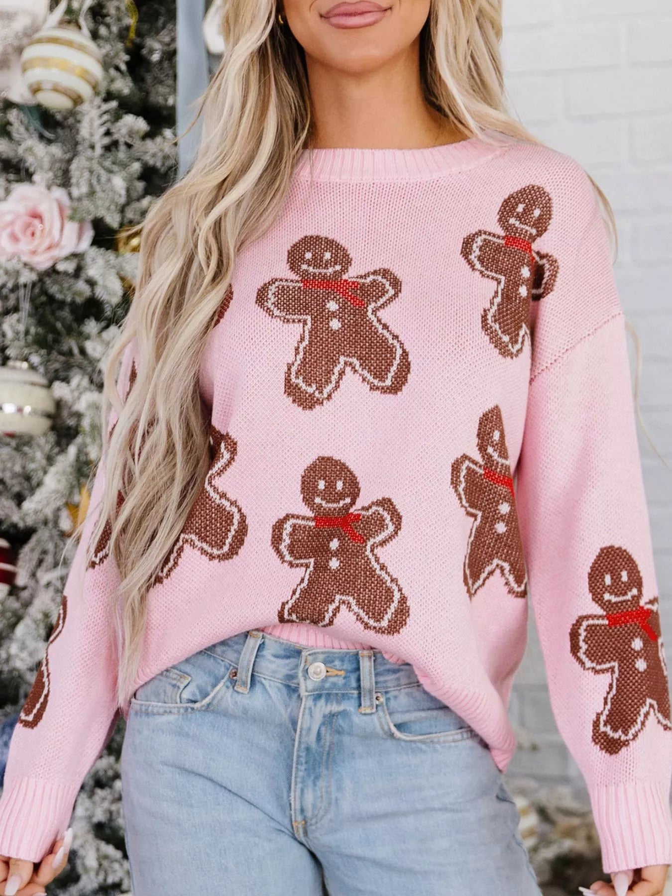 Gingerbread-pattern round-neck long sleeve sweater