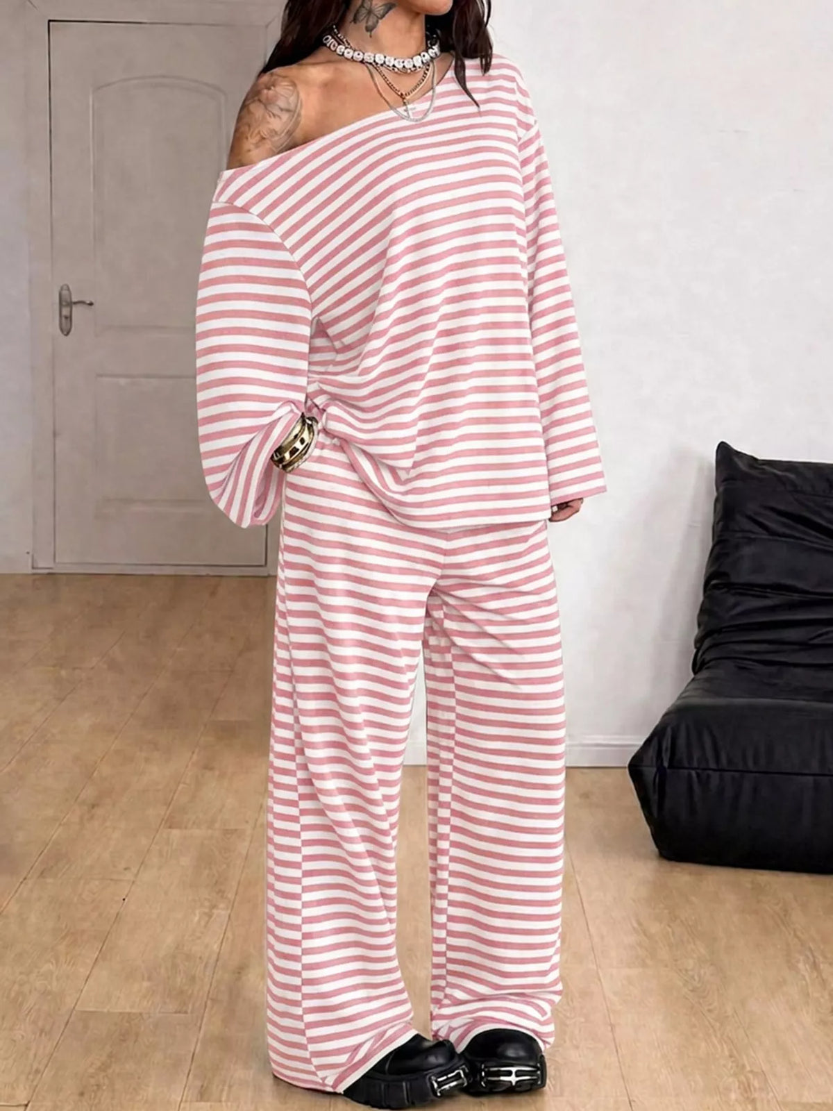 Off-Shoulder Striped Long Sleeve Top and Wide Leg Pants Set in pink and white