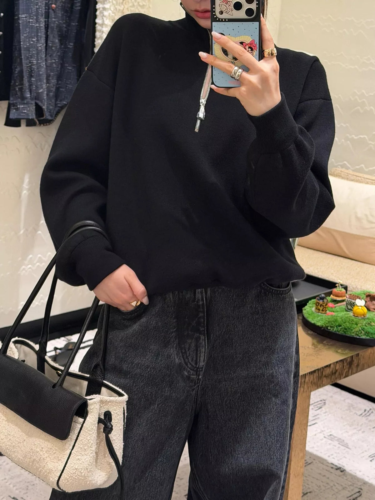 Women's Half-Zip Dropped Shoulder Sweater in black — front view