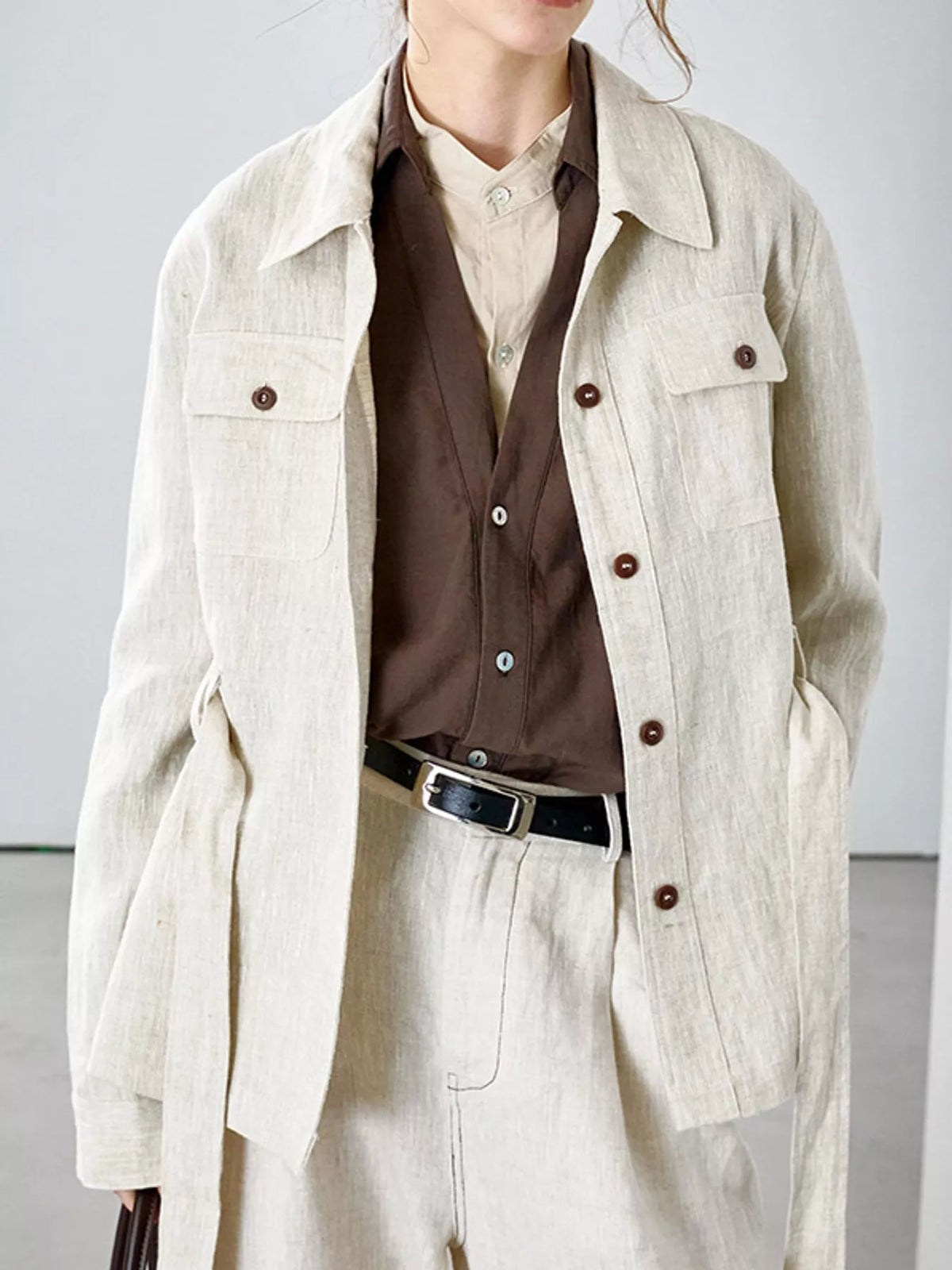 Belted shacket, beige full front
