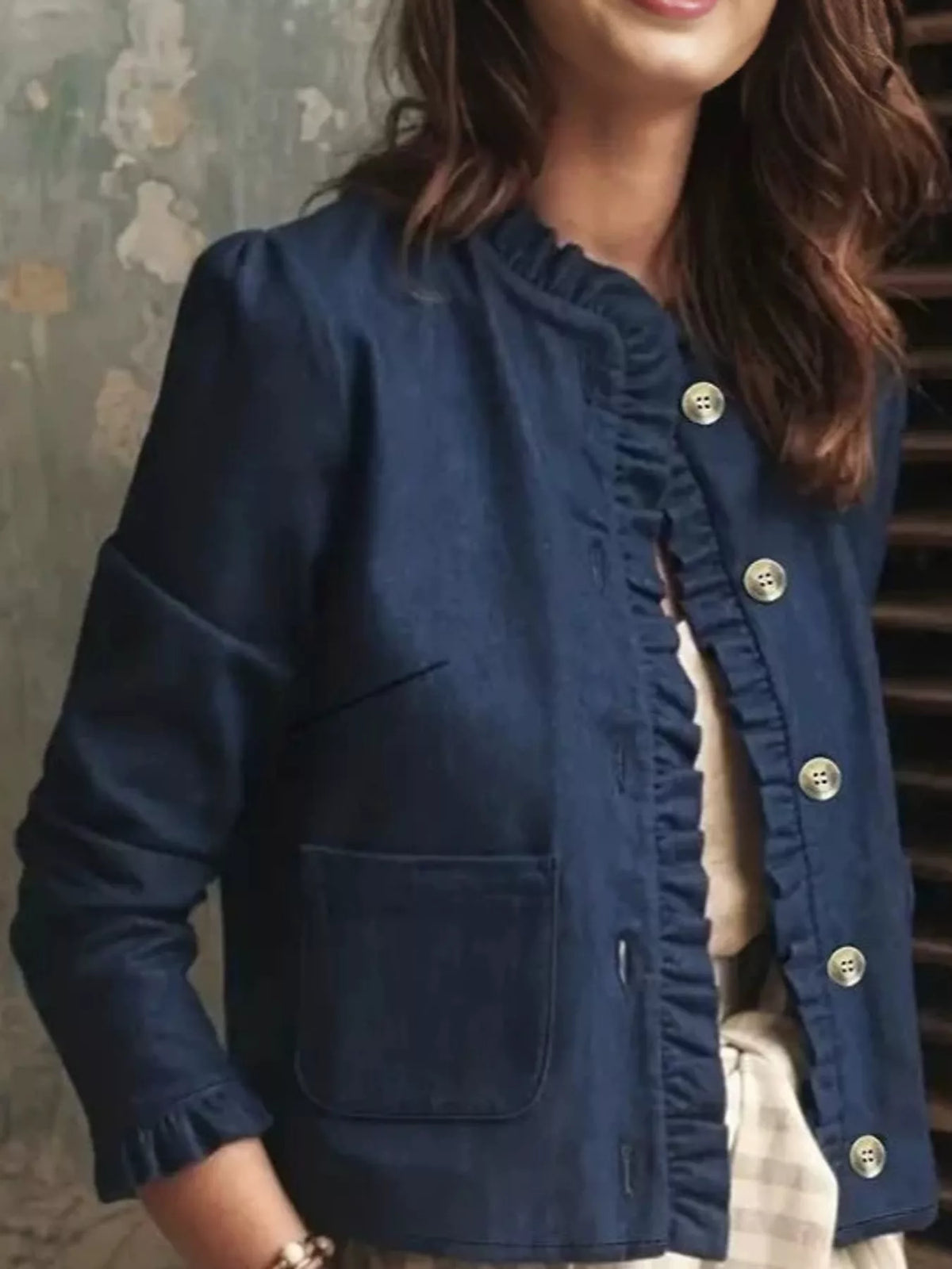 Ruffle-Trim Button-Up Denim Jacket — front view