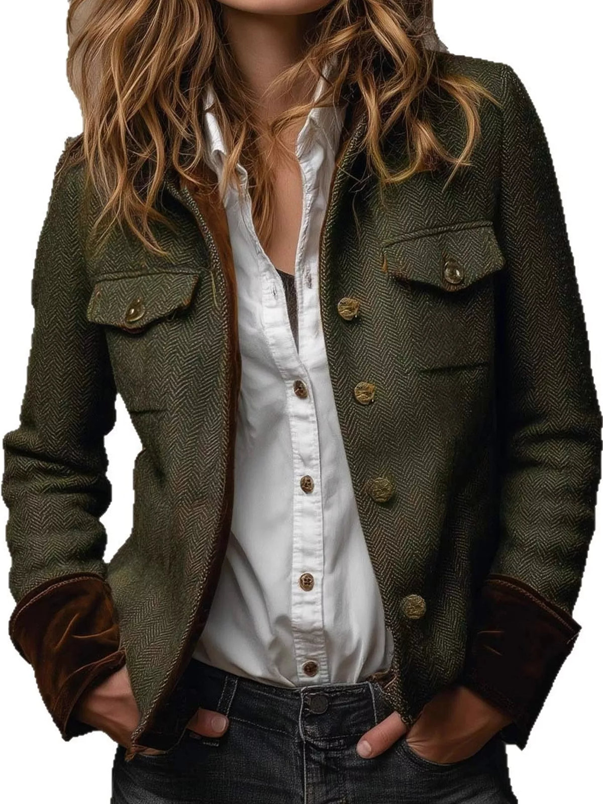 Green herringbone tweed blazer with velvet cuffs