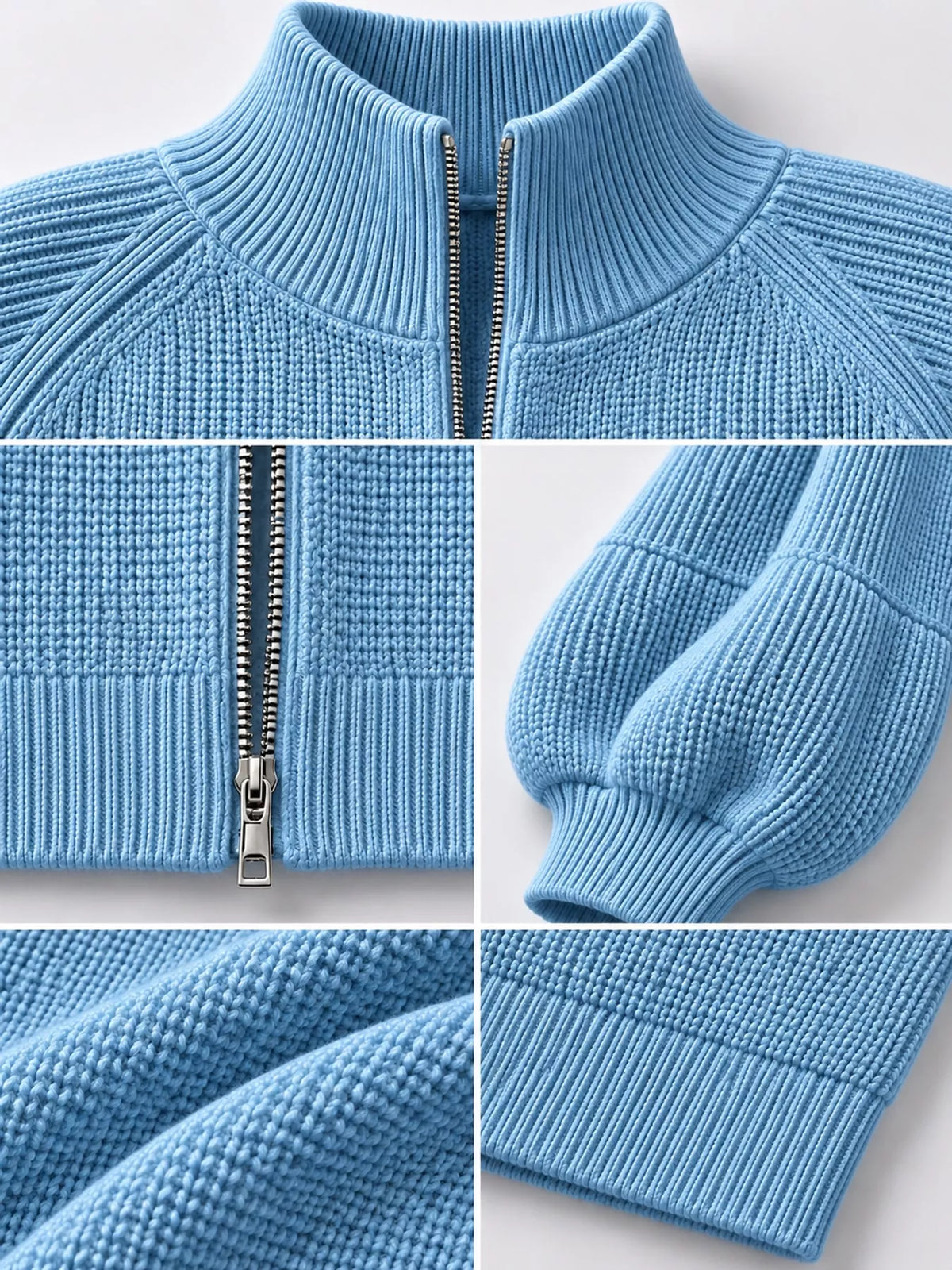 Sky Blue ribbed knit zip-up lantern sleeve cardigan, detail view