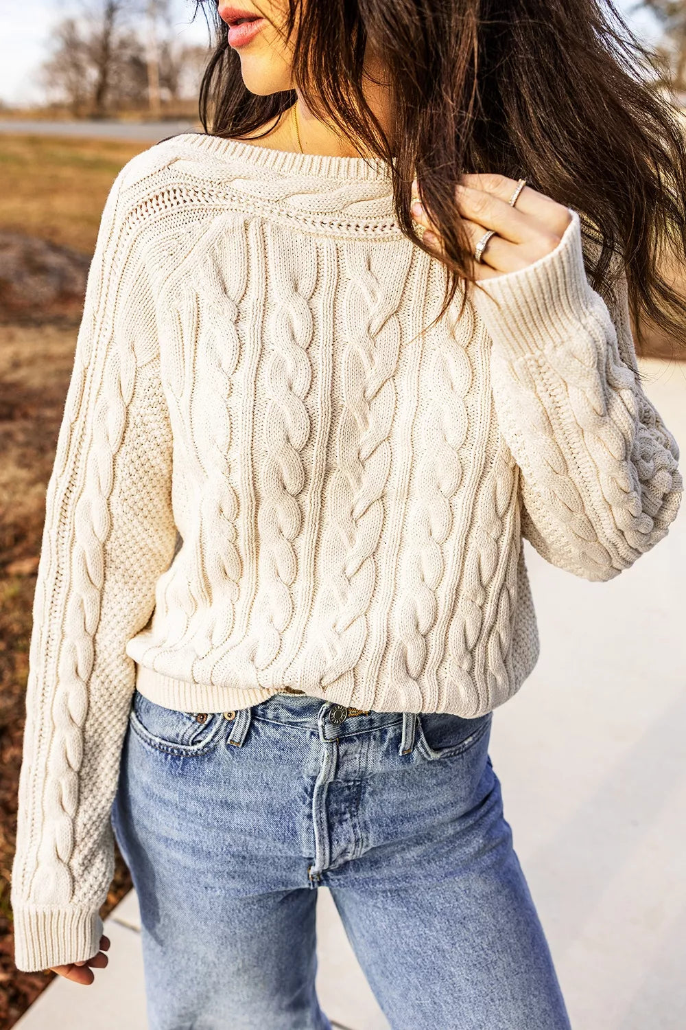 Trendsi Drop Shoulder Round Neck Cable Knit Sweater -