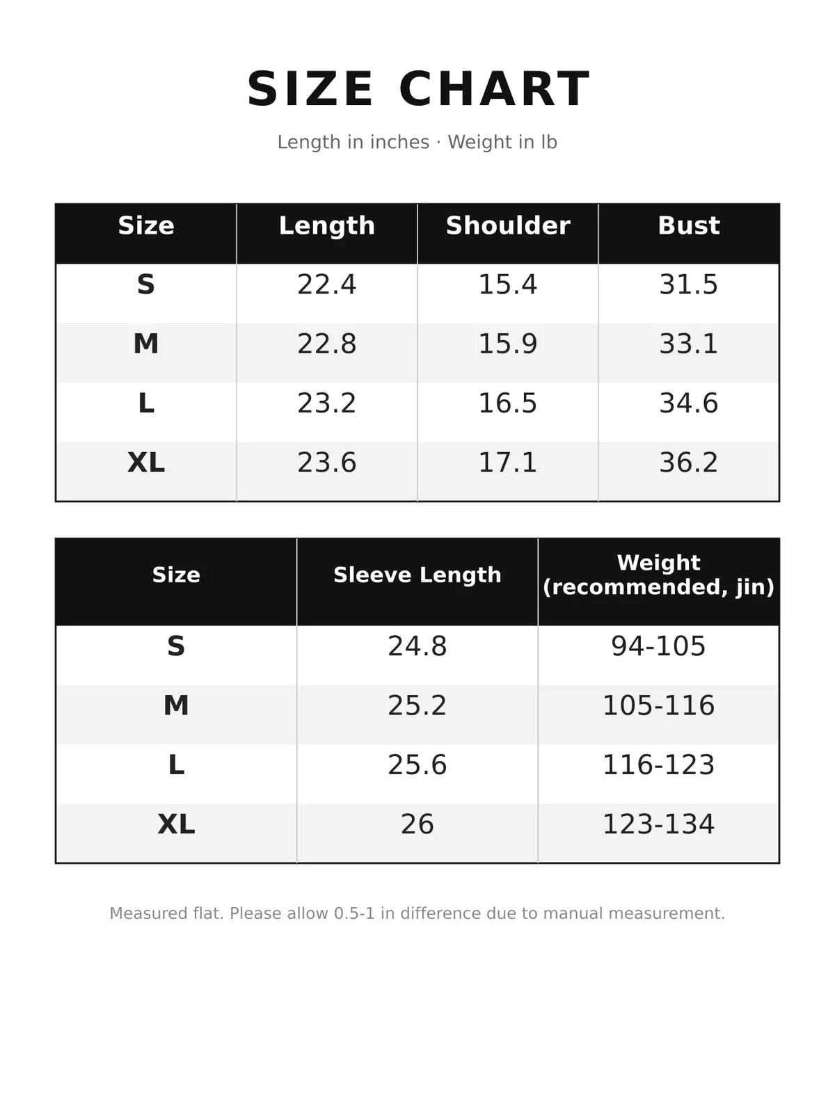 Layered T-shirt, size chart