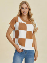 Trendsi Double Take Full Size Checkered Round Neck Short Sleeve Sweater -