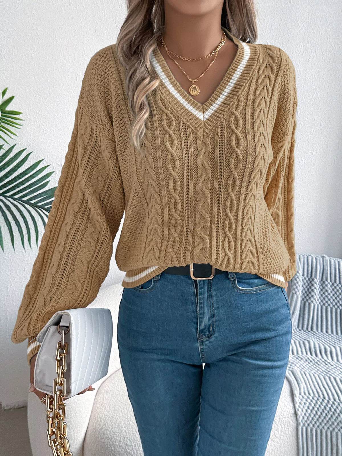 V-Neck Cable Knit Sweater with Striped Trim in camel, front view