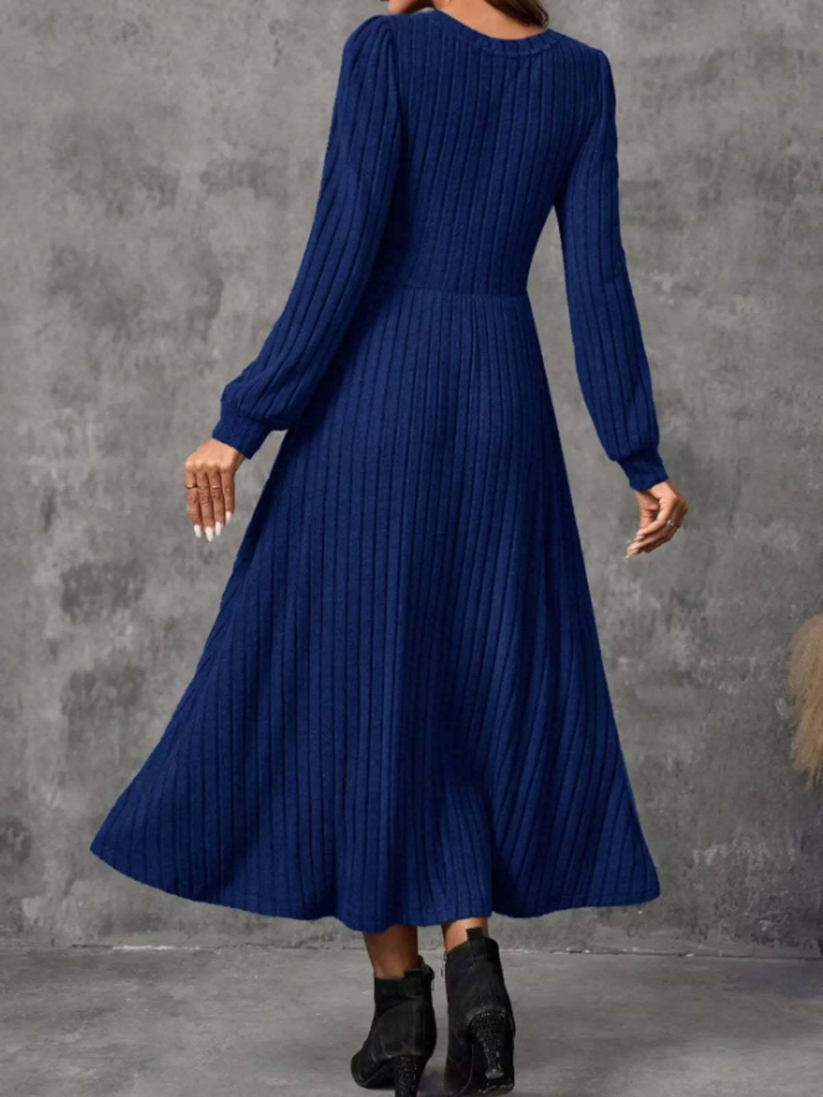 Women's Ribbed Knit Long Sleeve A-Line Midi Dress in blue — back view