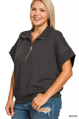 Trendsi Zenana Full Size Scuba High Neck Half Zip Short Sleeve Top Plus Size -