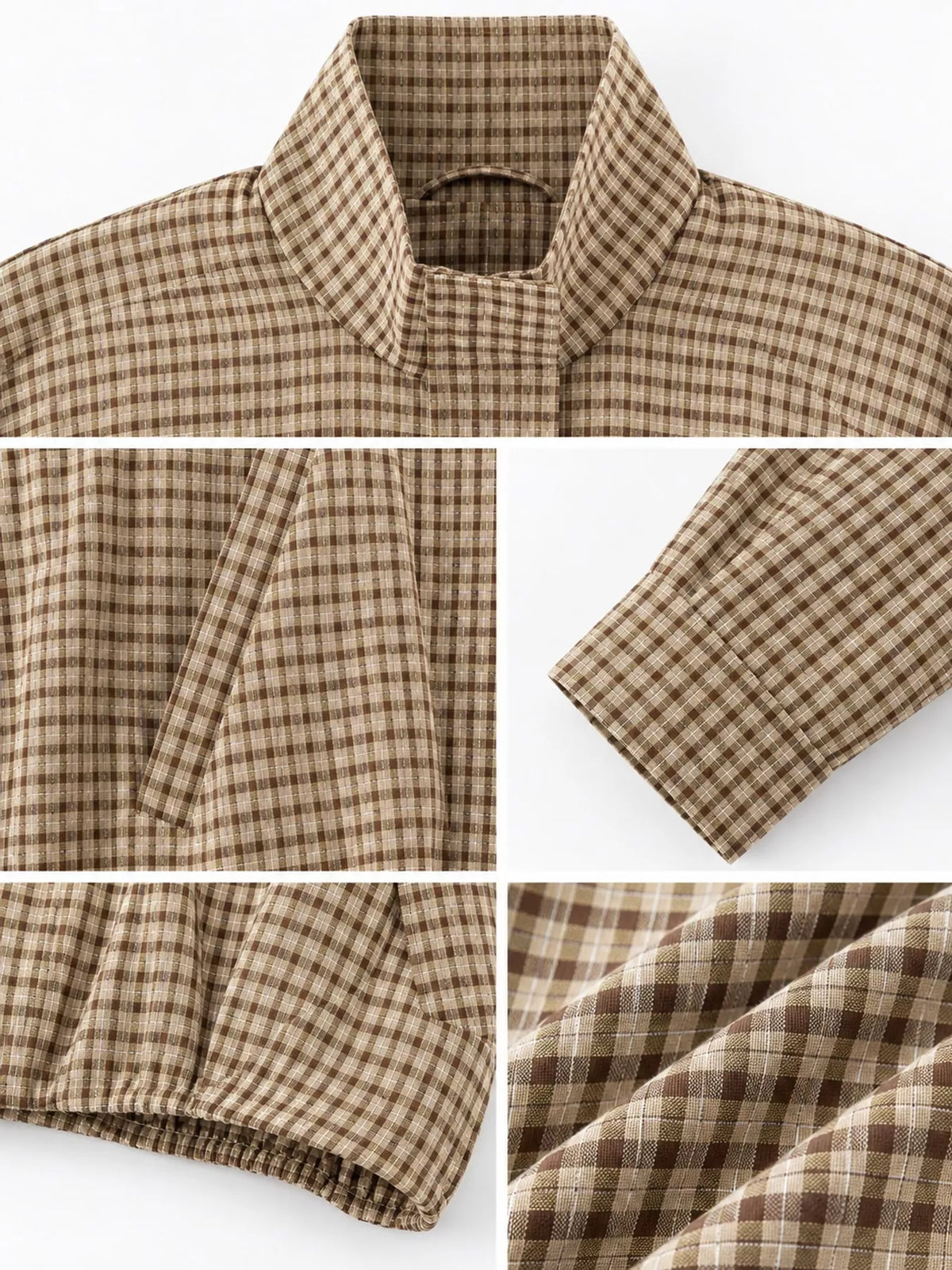 Dark Brown plaid stand-collar cropped jacket, detail view
