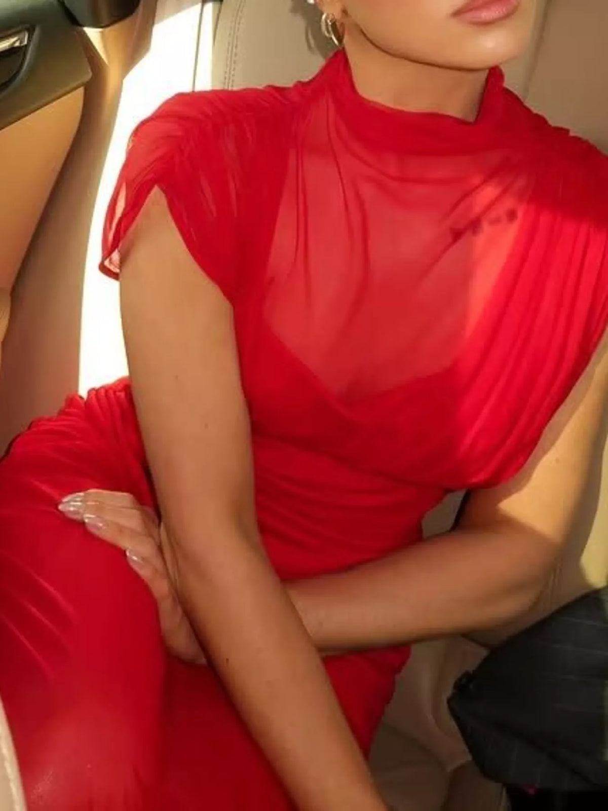 Red mock neck ruched maxi dress, detail view