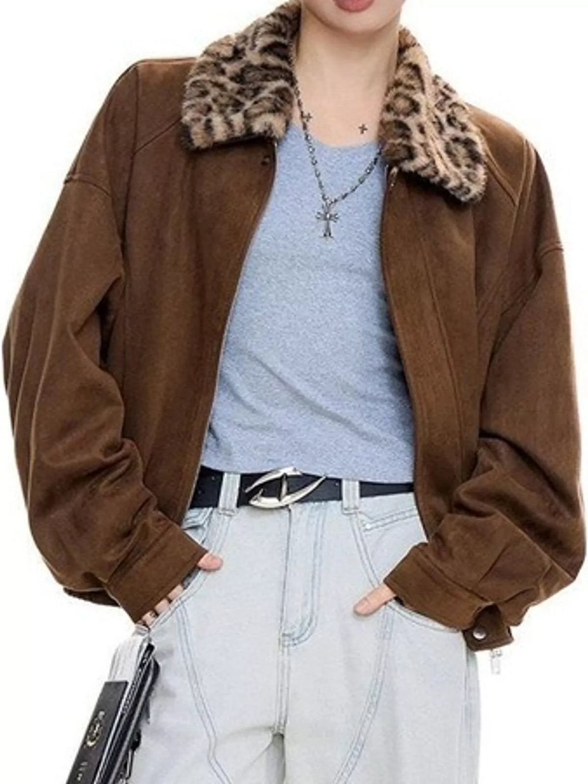 Brown faux fur collar zip up jacket, front view