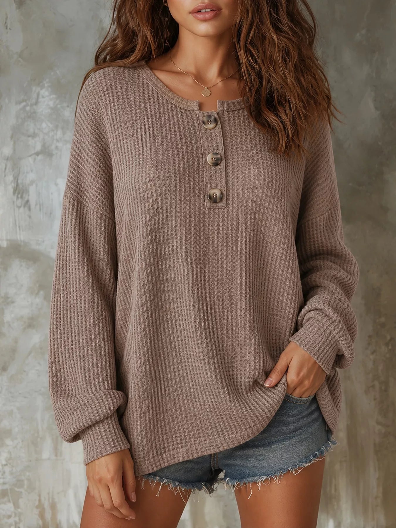 Trendsi Button Detail Dropped Shoulder Knit Top -
