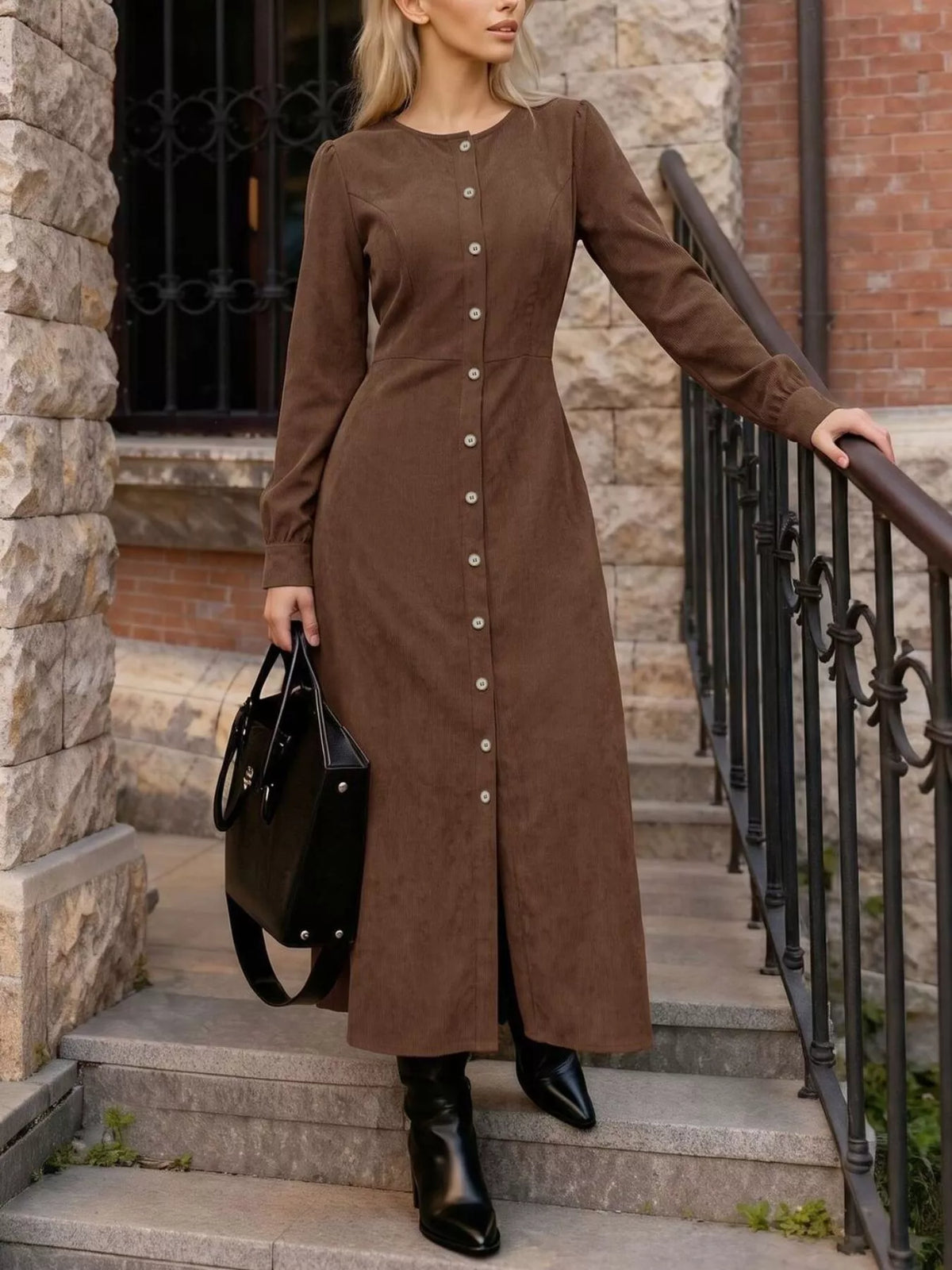 Brown corduroy button-down maxi dress, front view
