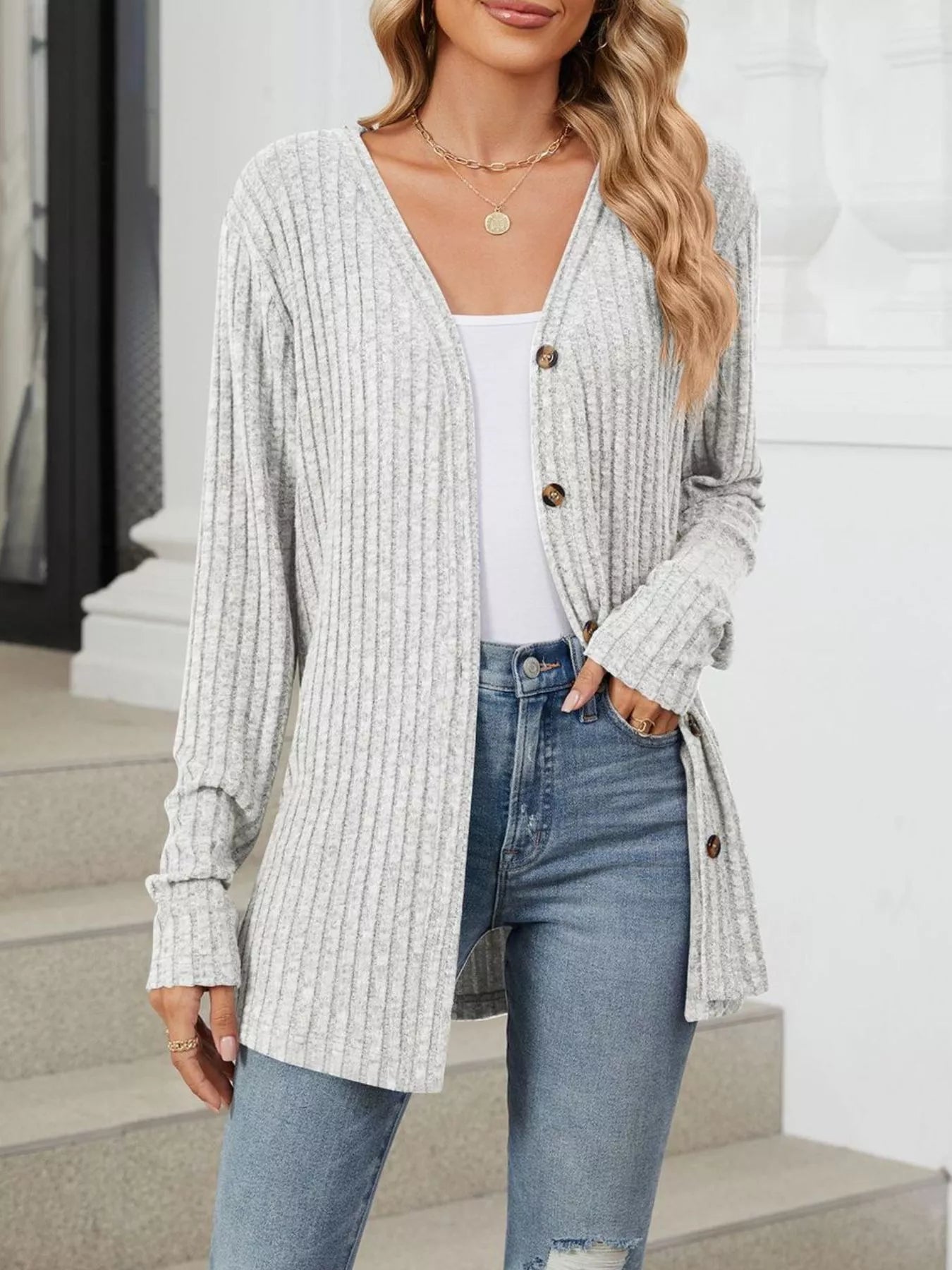 Trendsi Ribbed Button-Up Cardigan -