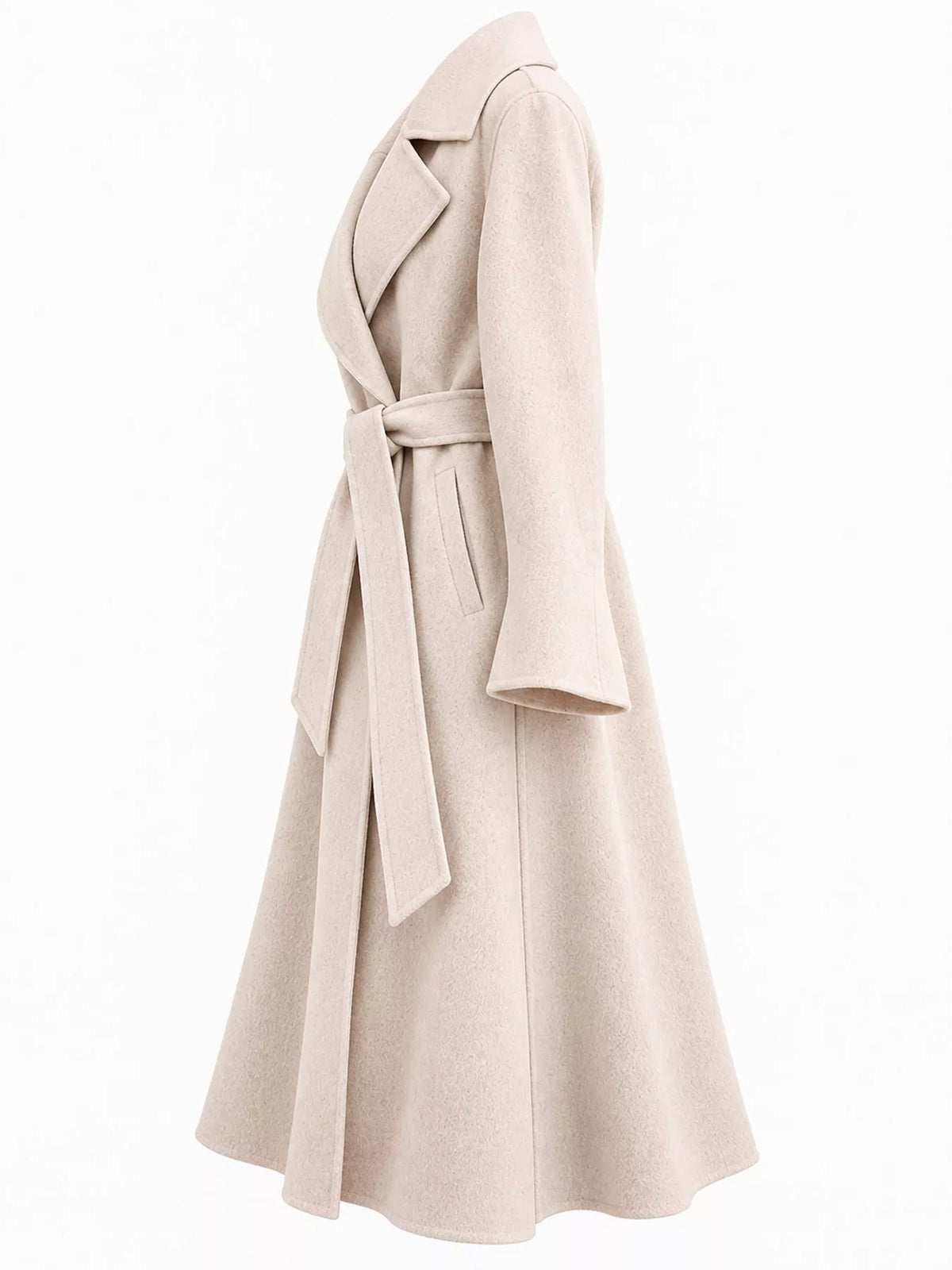 Cream belted longline wool coat, side view