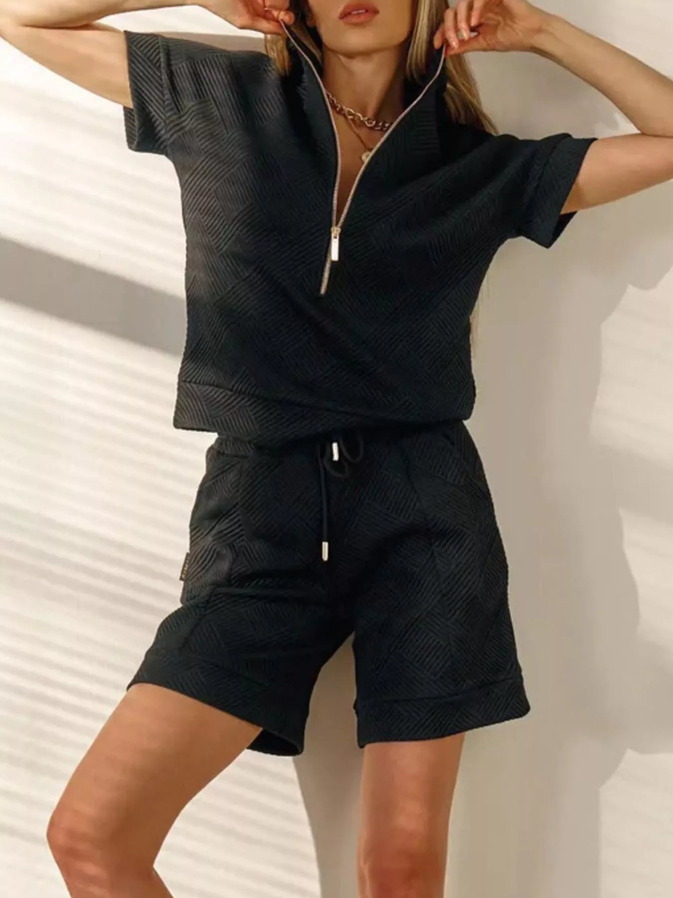 Trendsi Half Zip Short Sleeve Top and Shorts Set -