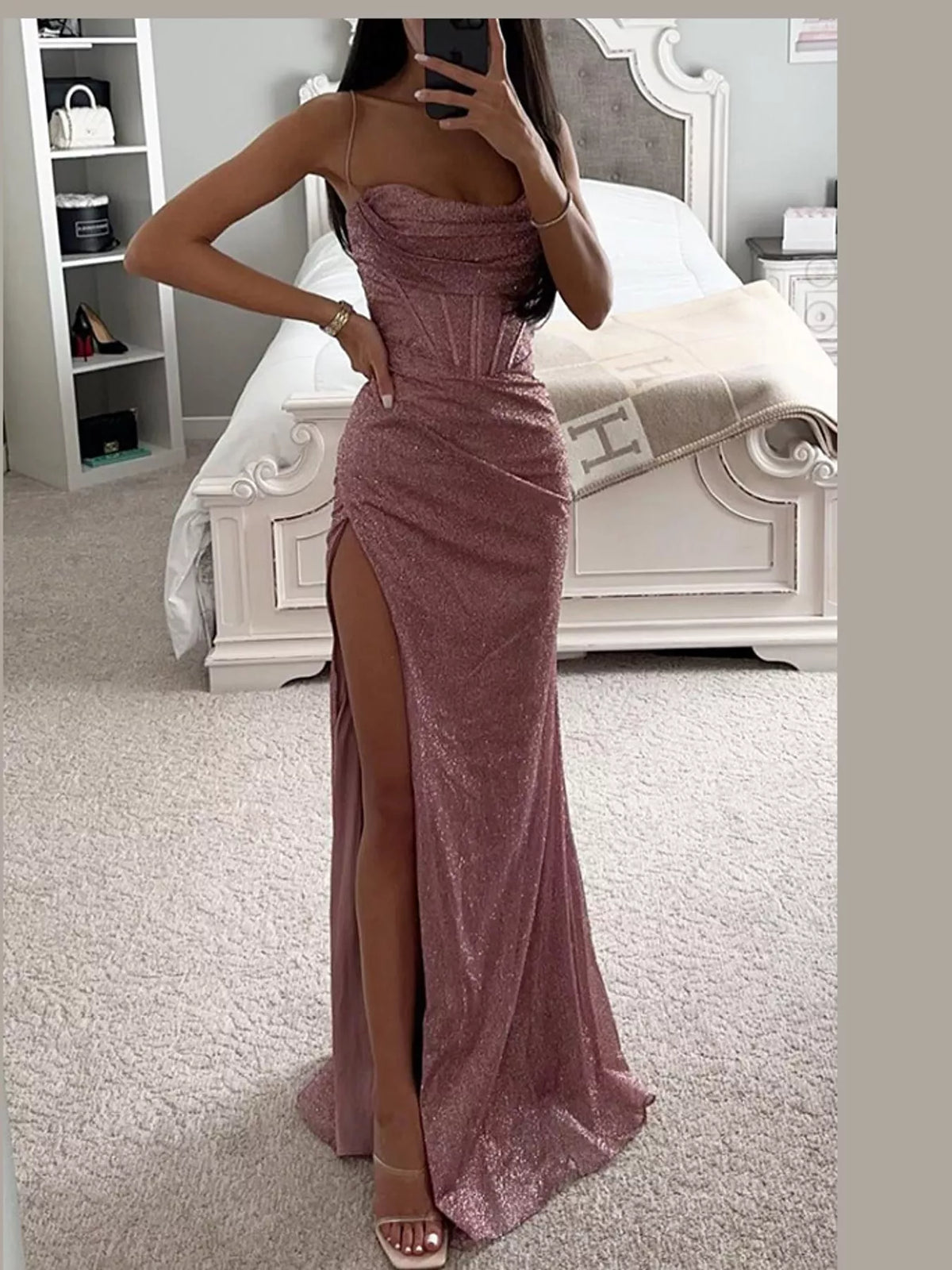 Pink high-slit glitter maxi evening dress — front view