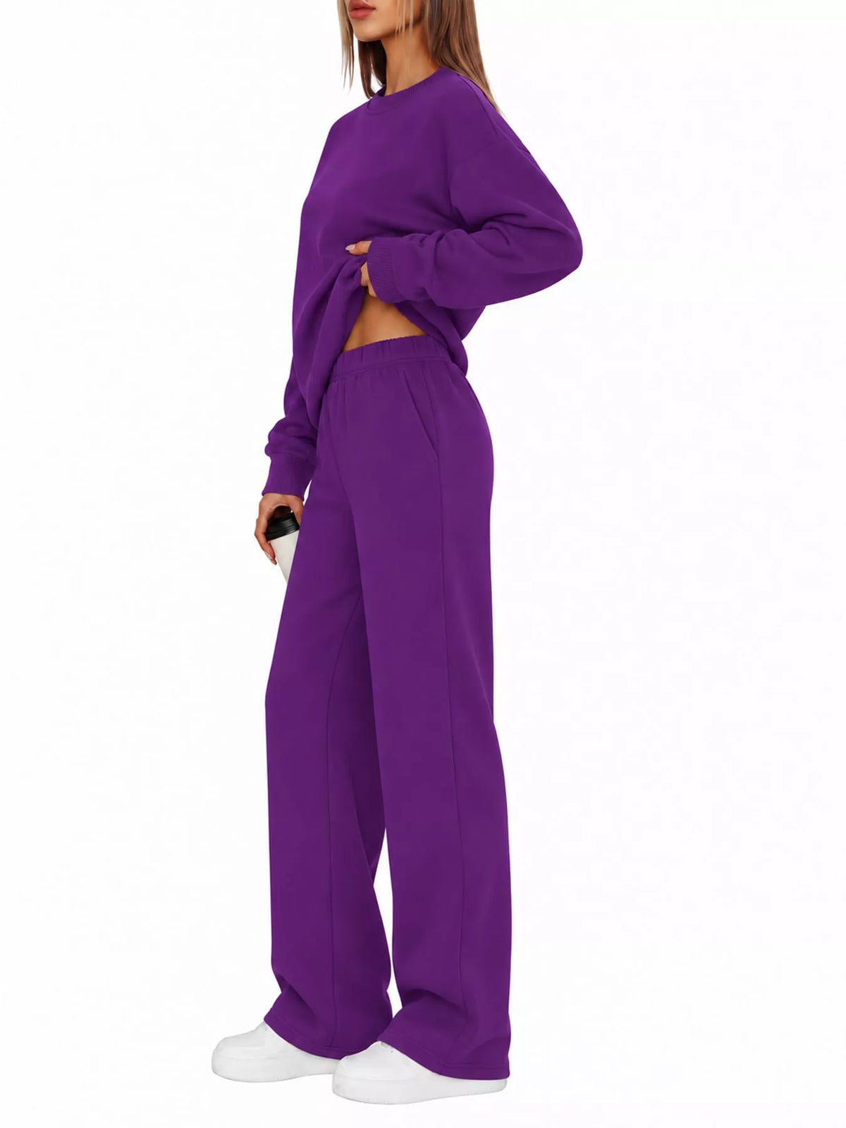 Crewneck Drop Shoulder Sweatshirt and Wide-Leg Pants Set — side view