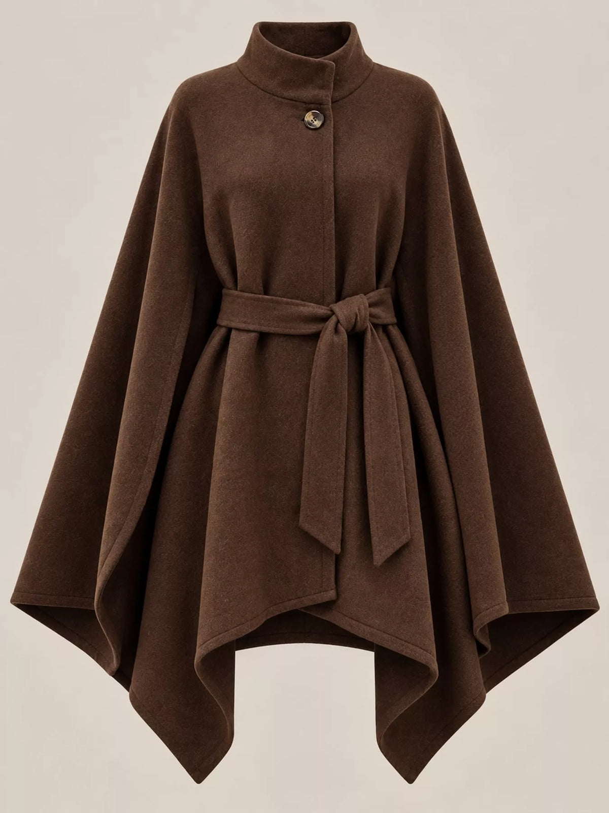 Dark brown tie-waist cape — front view