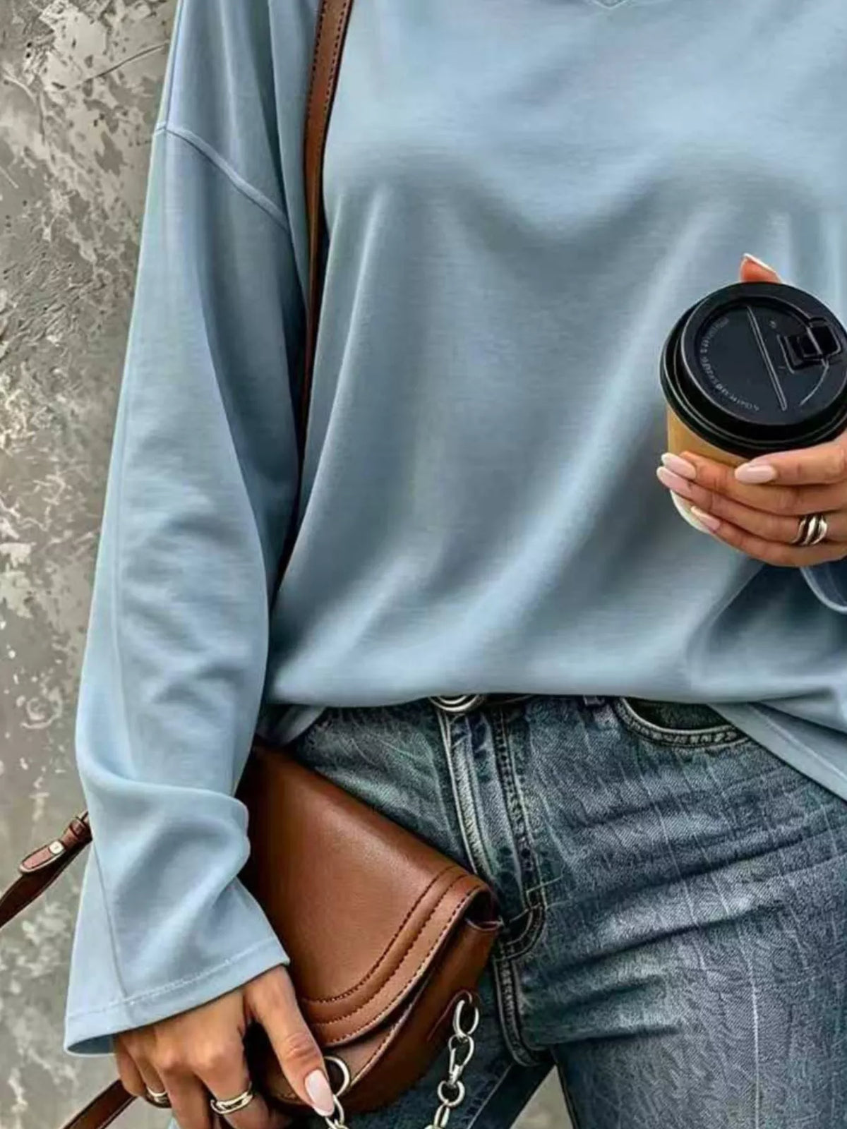 Light Blue Loose-Fit Notch Neck Long Sleeve T-Shirt sleeve and fabric detail