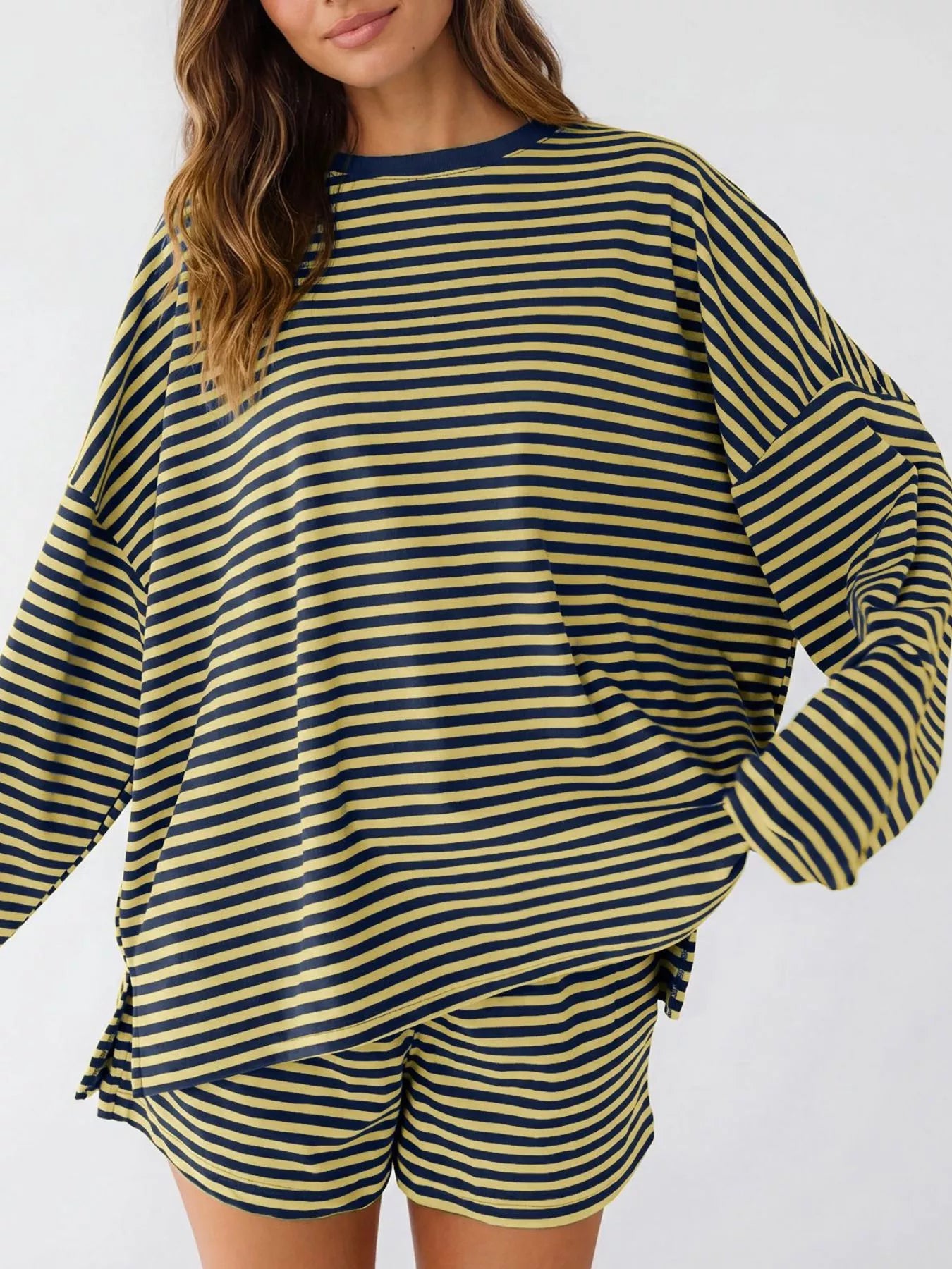 Trendsi Casual Striped Long Sleeve Top and Shorts Set -