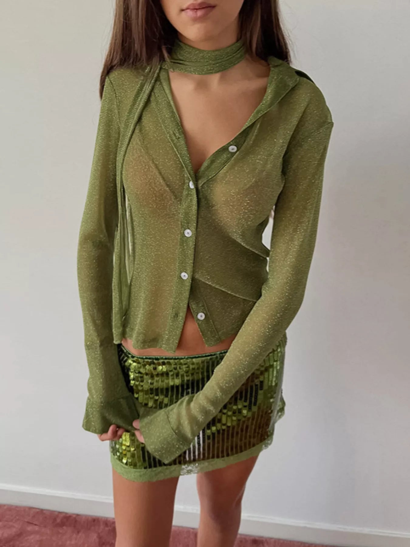 Trendsi Button Down Long Sleeve Shirt with Scarf -