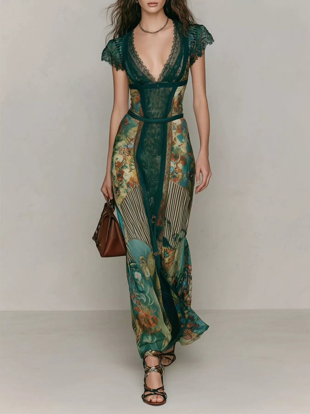 Green lace detail cap sleeve maxi dress