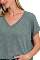 Trendsi Zenana Hacci Slub V-neck Drop Shoulder Crop Top -