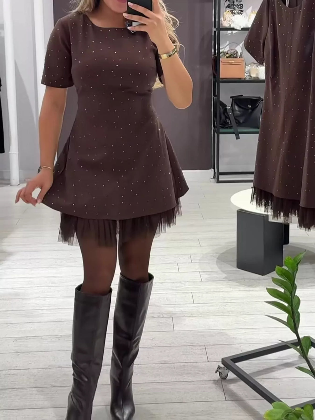 Brown rhinestone a line mini dress with tulle hem, front view