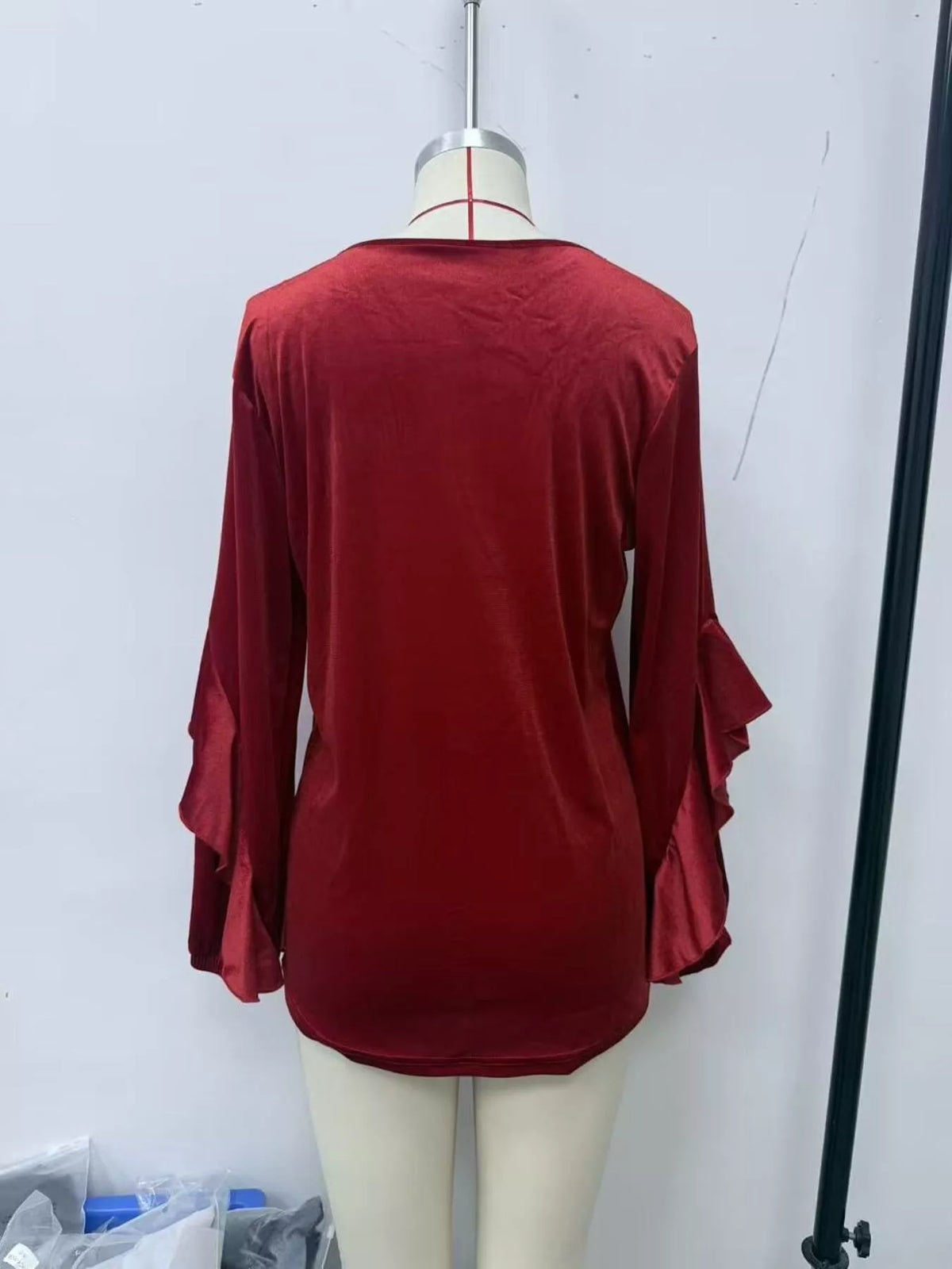 Women's Velvet Round Neck Ruffle Sleeve Top in Navy, back view