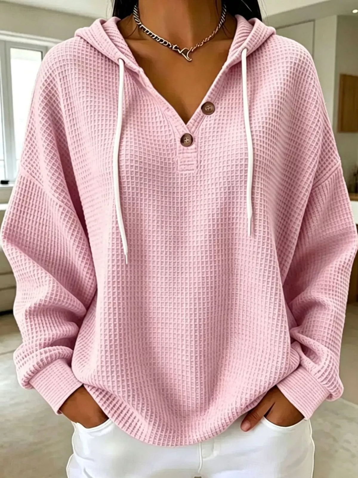 Waffle-knit hoodie, pink front