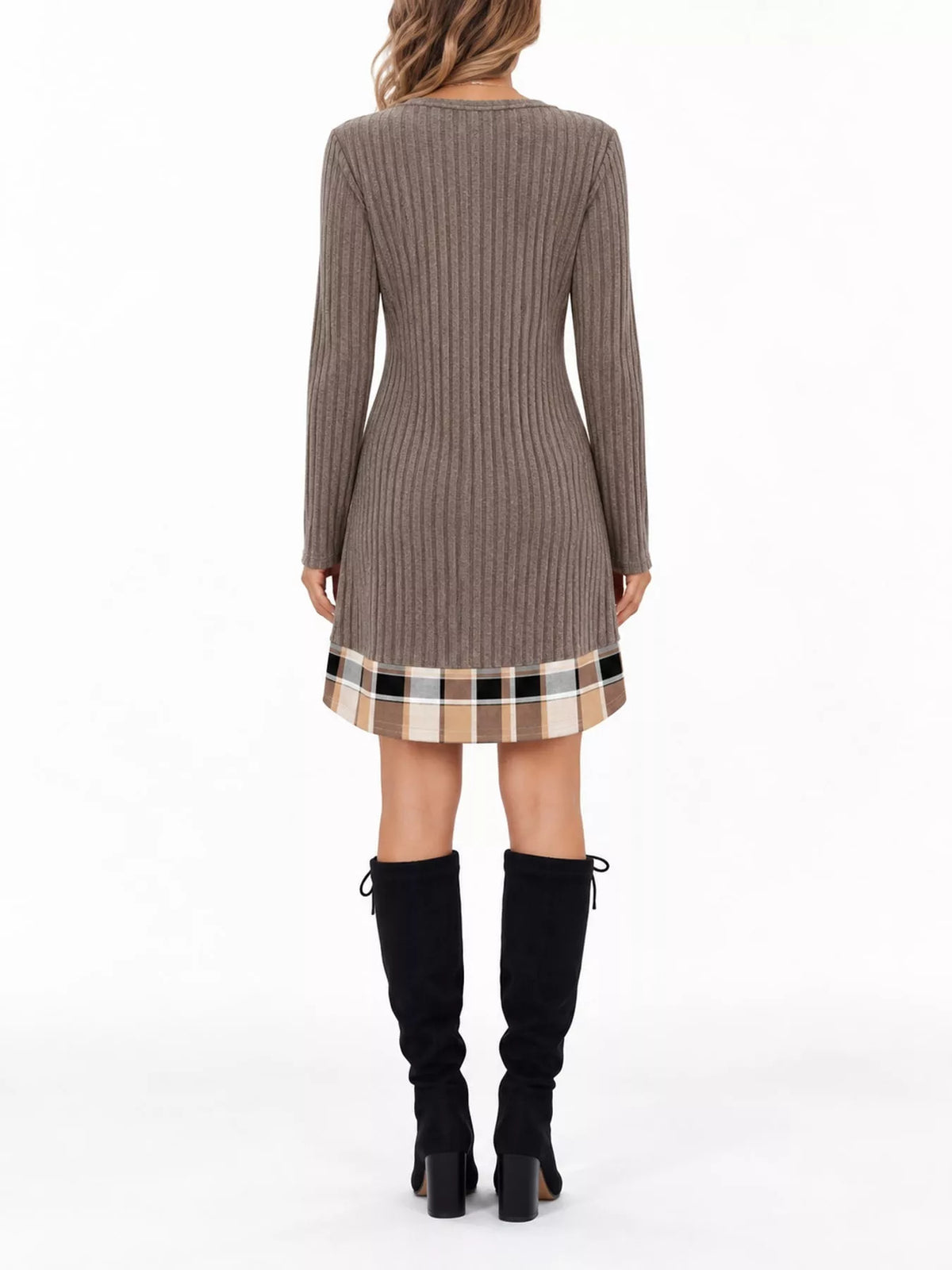 Round neck long sleeve mini dress, back view