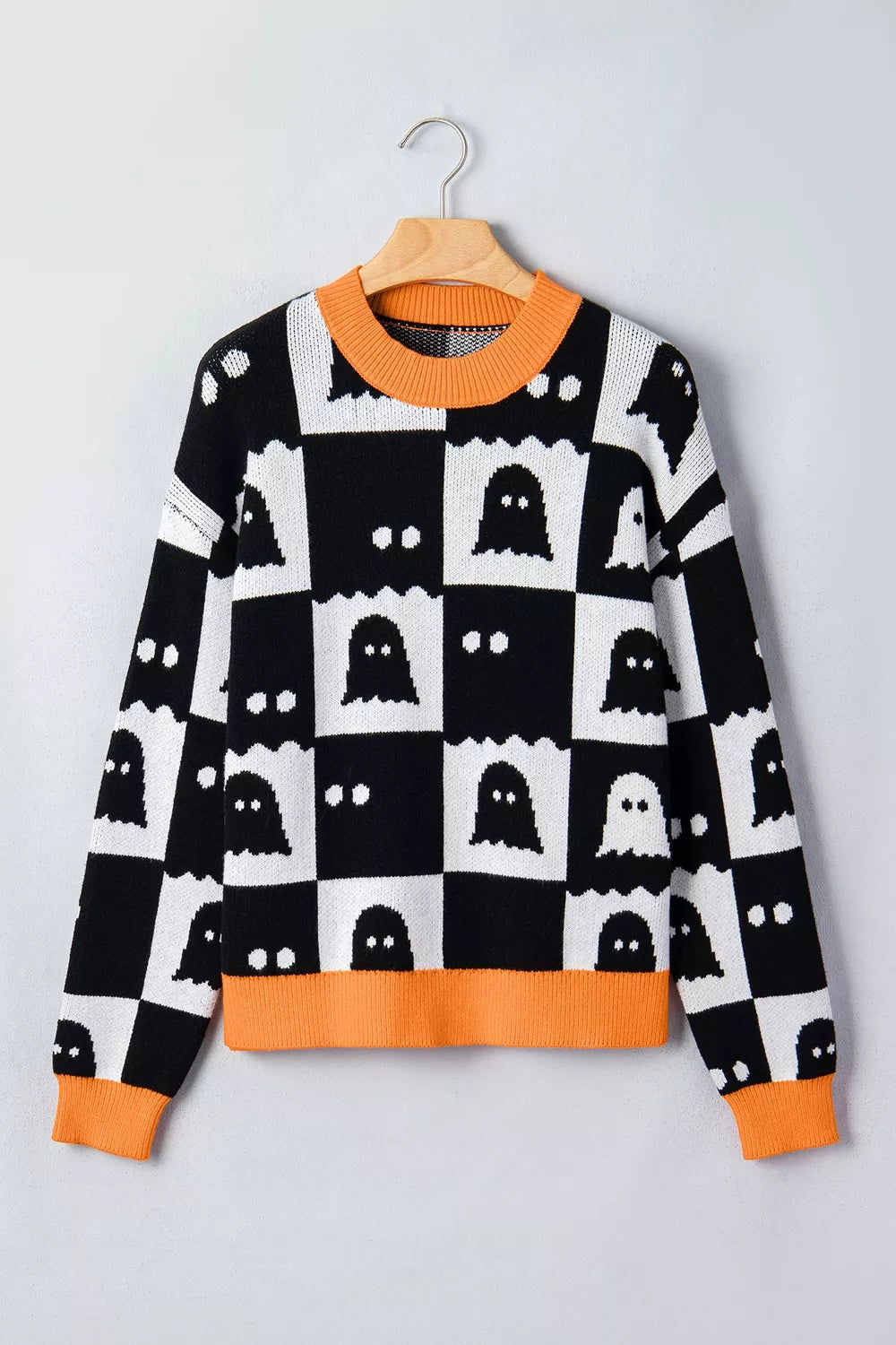 Trendsi Halloween Ghost Pattern Checkerboard Sweater -