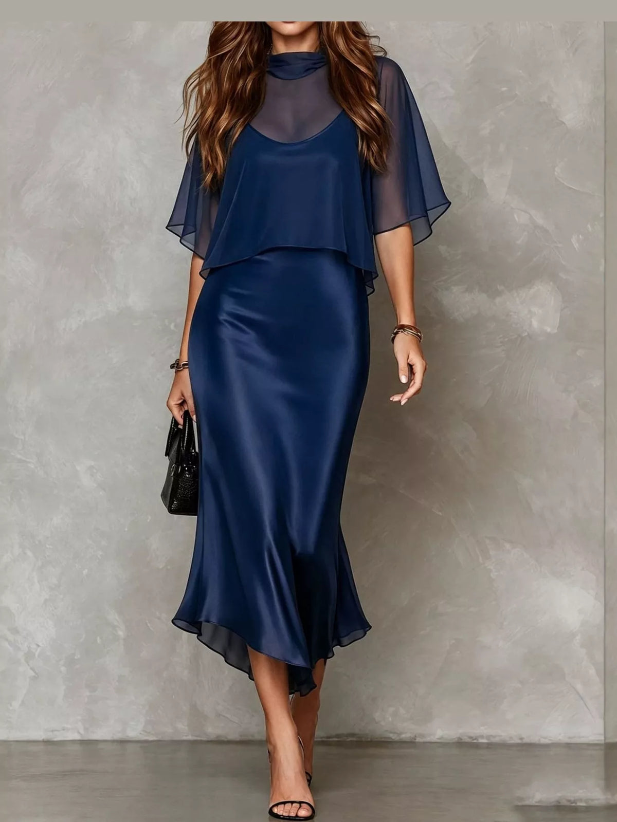 Navy satin cami dress and sheer cover up set — front view