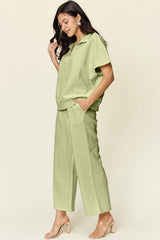 Trendsi Double Take Full Size Texture Half Zip Short Sleeve Top and Pants Set -