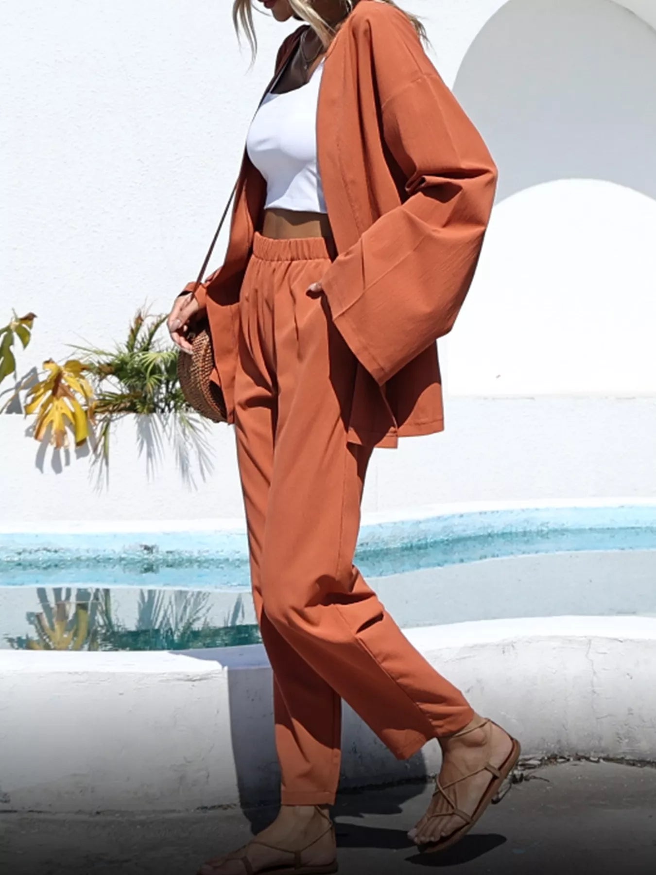 Trendsi Open-Front Cardigan and Wide Leg Pants Set -