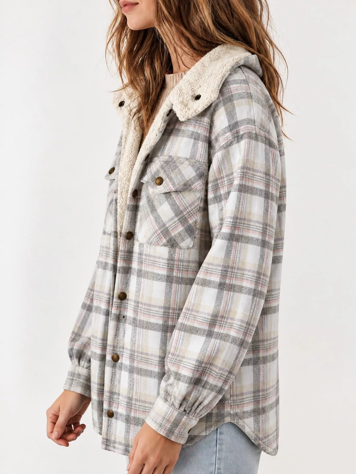 Gray sherpa-lined plaid hooded jacket, back view