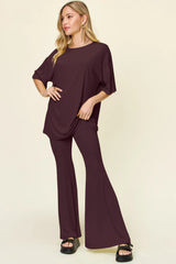 Trendsi Double Take Full Size Round Neck Drop Shoulder T-Shirt and Flare Pants Set - Pants