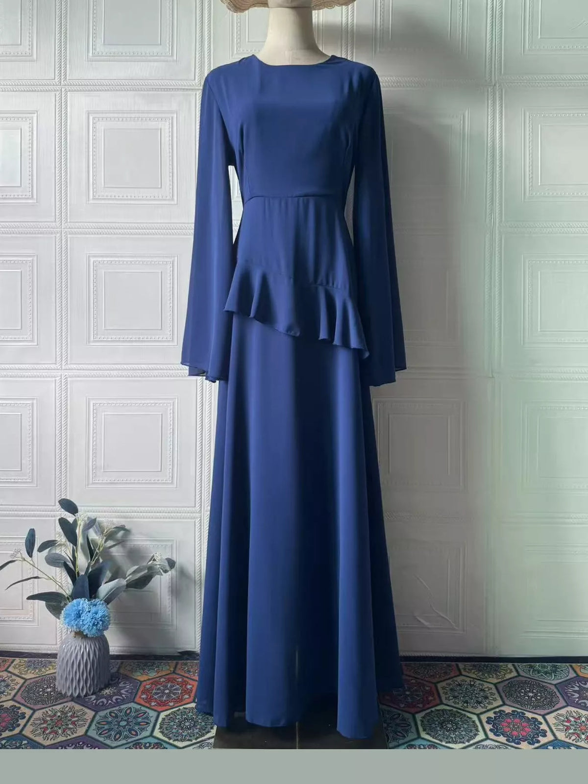Royal blue ruffled flare sleeve maxi dress, front view