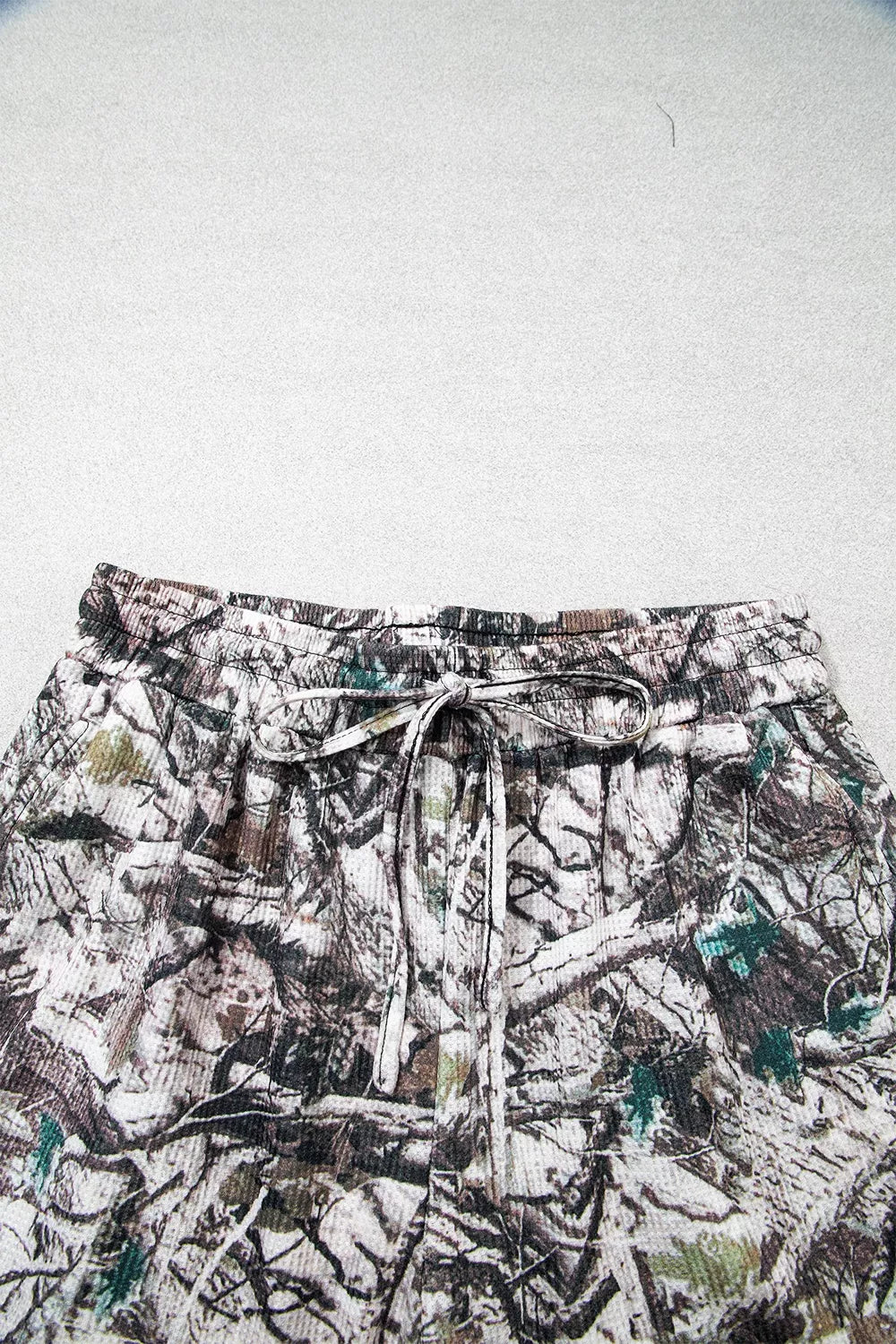 Women's camo long sleeve top and elastic-waist shorts two-piece set