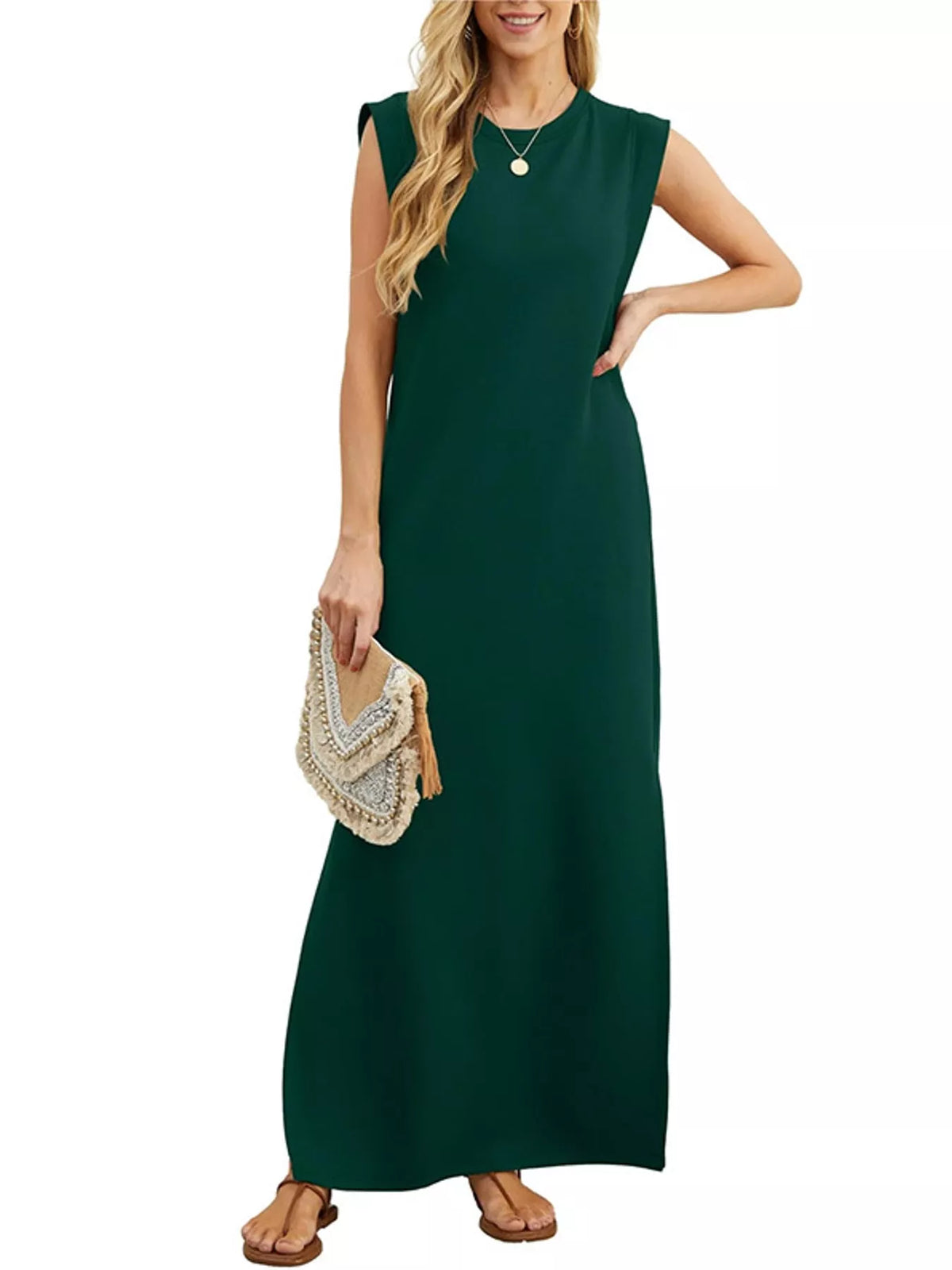 Round neck sleeveless maxi dress, front view on model