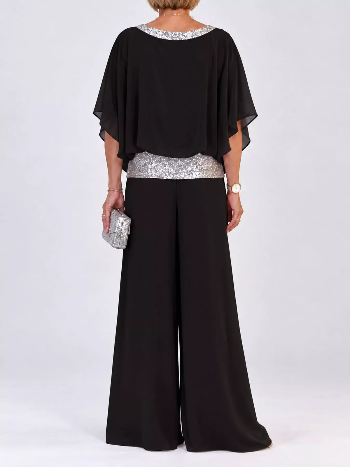 Chiffon Top and Wide-Leg Pants Set — back view
