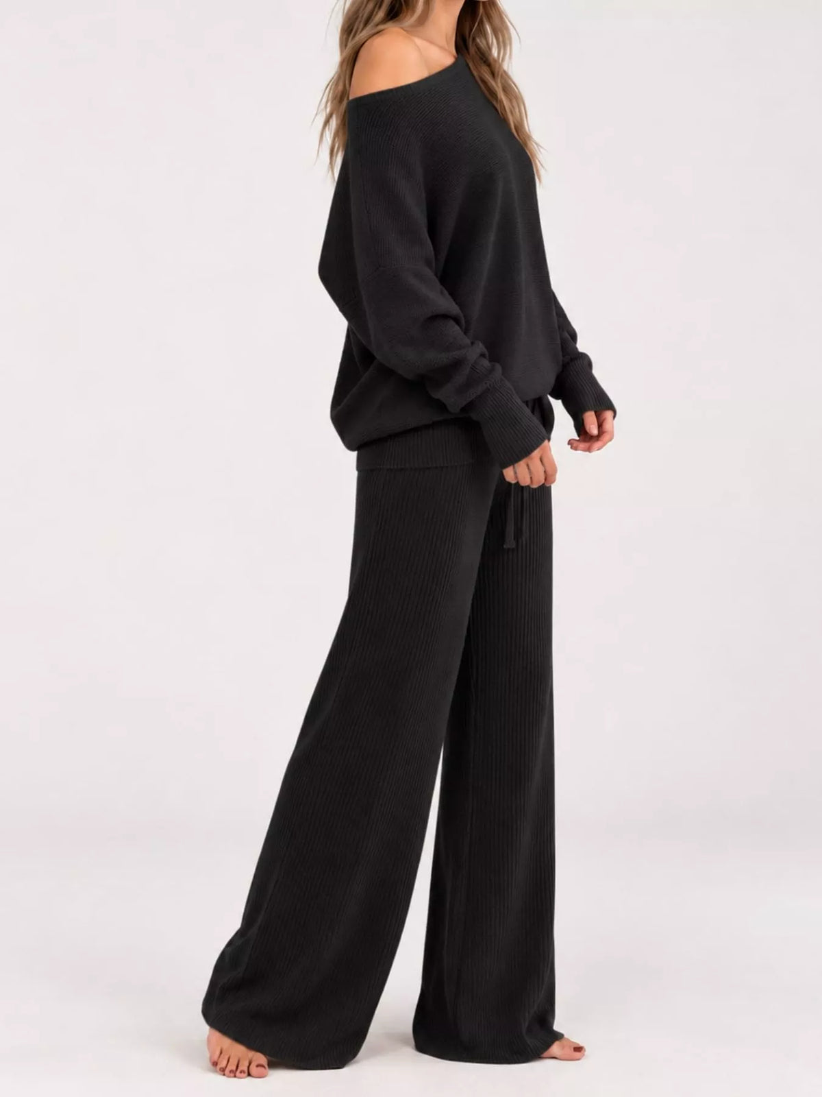 Asymmetric neck long sleeve outfit set, side view