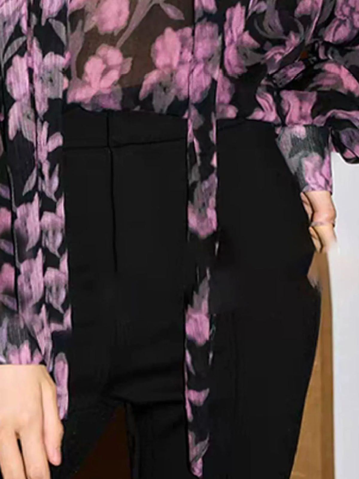Floral Print Chiffon Blouse with Tie-Neck Detail, detail view in purple