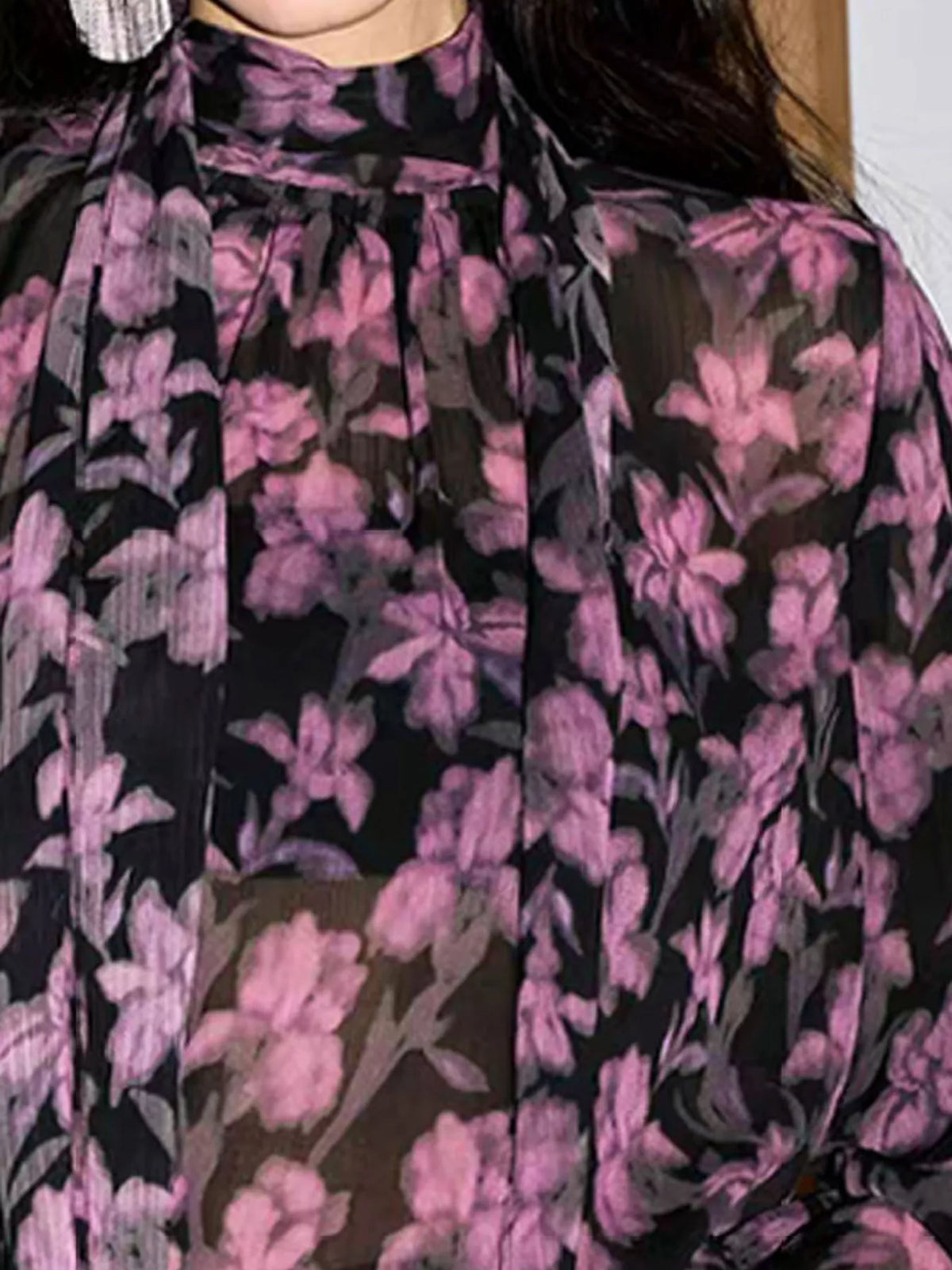 Floral Print Chiffon Blouse with Tie-Neck Detail, detail view in purple