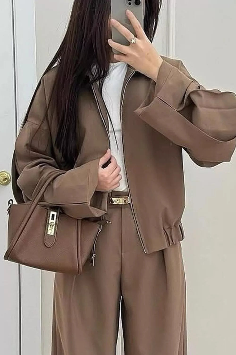 Trendsi Zip-Up Jacket and Wide-Leg Pants Set -